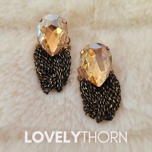 BOUTIQUE // antique vintage-style amber teardrop crystal bead web chain earrings